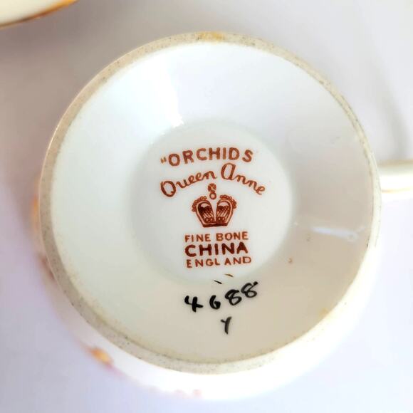 Vintage Queen Ann Teacup Saucer Orchids Pink Yellow Bone China Cottagecore - Picture 6 of 10